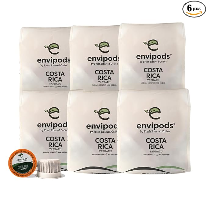 Fresh Roasted Coffee, Costa Rican Tarrazu Compostable envipods, Medium Roast, Kosher, 72 Count,for Keurig K Cup Brewers | Not for use in Ninja or Hamilton Beach Brewers