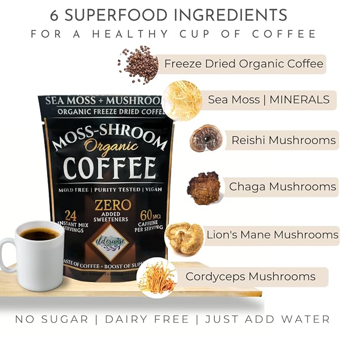 Elderwise Organics Coffee with Mushrooms & Sea Moss - Lion's Mane, Chaga, Reishi & Cordyceps - 24 Servings - Healthy Coffee - Freeze Dried Instant - Chemical free - Fair Trade