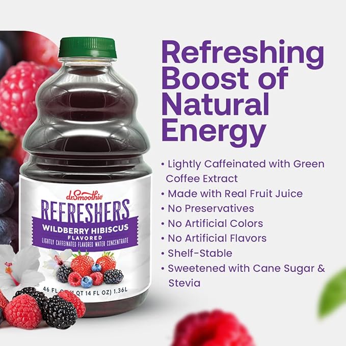 Dr. Smoothie Refreshers Wildberry Hibiscus ??Made with Real Fruit Juice ??Drink Concentrate, No Artificial Colors, Shelf-Stable ??Lightly Caffeinated with Green Coffee Extract (46 oz Bottle)