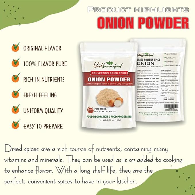 ONION POWDER 5.29 Oz (150g) VIETFARMFOOD: Natural pure, convection dried seasoning made from real vegetables - perfect for adding flavor to any meal, from cooking, baking, salads, soups, sauces