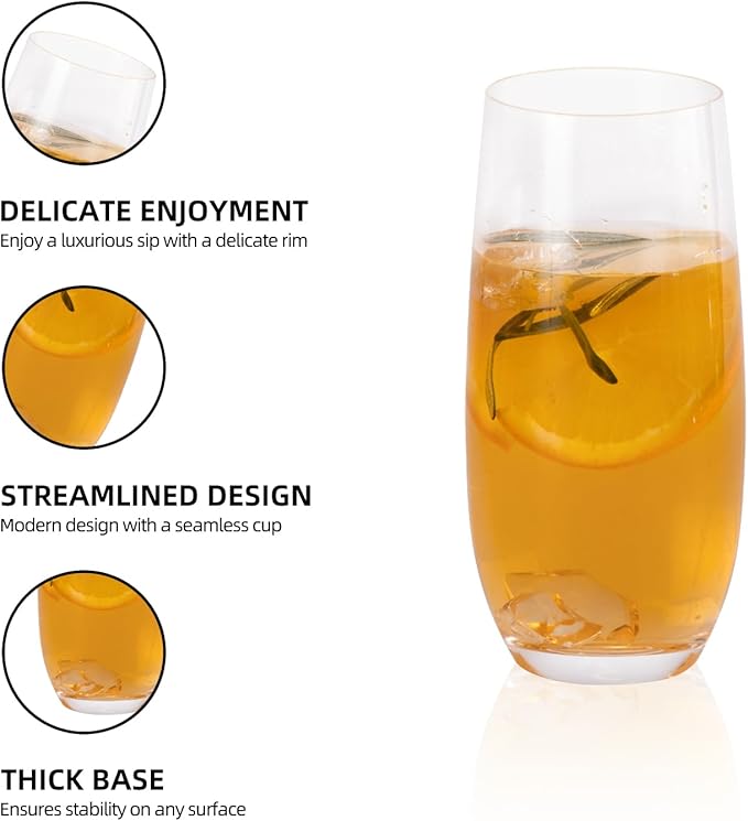 KAMMAK Drinking Glasses Set of 2, 15oz Crystal Water Glasses, Everyday Tall Glass Cups, Highball Glass for Cocktail, Juice, Mojito, Iced Tea, Kitchen and Bar Glassware Gifts, Collins Glasses
