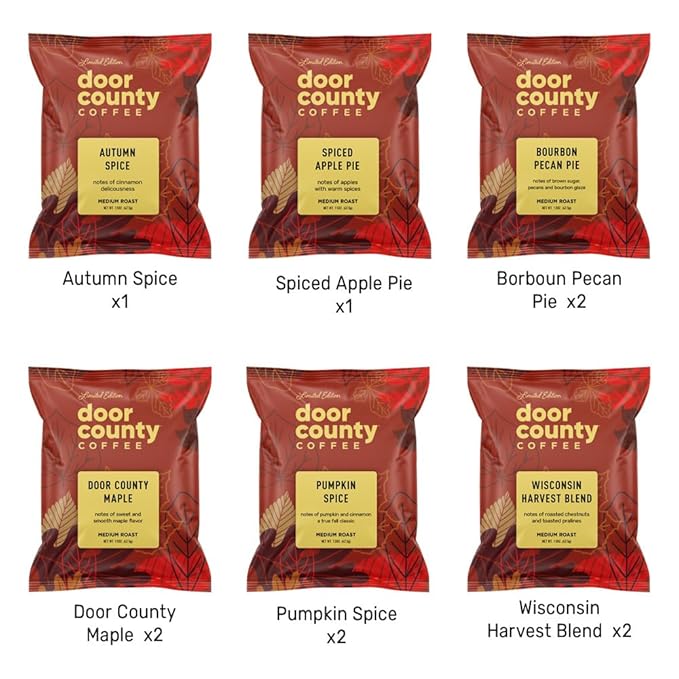 Gourmet Fall Flavored Coffee Sampler Pack - 10 Bags of Seasonal Flavored Coffees - Door County Coffee