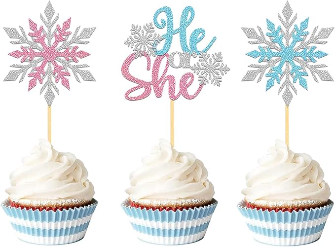 24PCS Snowflake He or She Cupcake Toppers for Gender Reveal Decorations, Frozen Snowflake Boy or Girl Cake Topper for Winter Baby Shower Decorations (B/G)