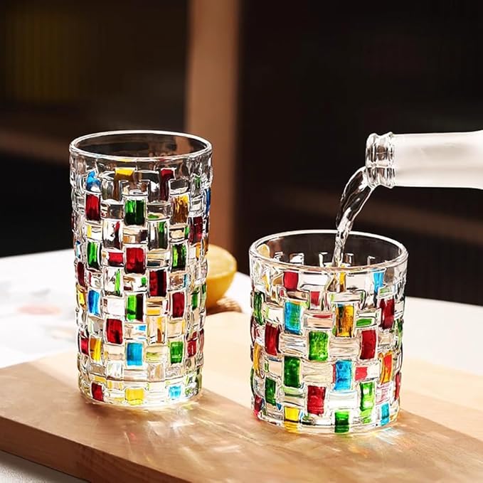 4 Pcs Christmas Colorful Glass Cups,Drinking Glassware Cocktail Glasses for Iced Coffee Juice Tea Beverage Milk Wine