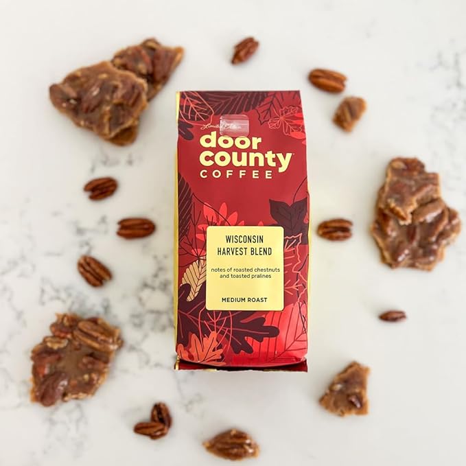 Door County Coffee Wisconsin Harvest Blend Flavored Coffee Ground - 8 oz Bag - Fall Seasonal - Medium Roast - 100% Specialty Arabica - Roasted Chestnuts & Toasted Pralines