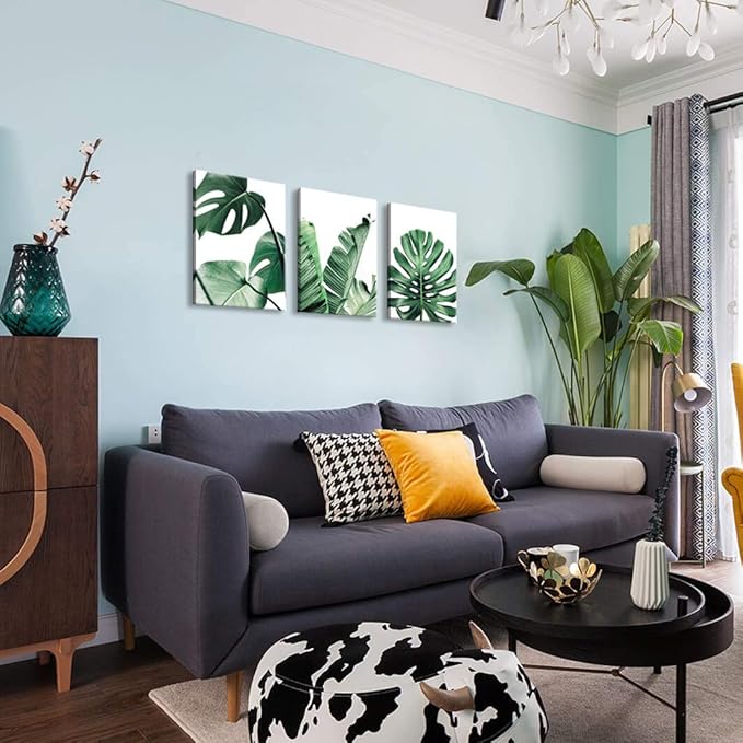 Canvas Wall Art Green Leaf Simple Life Painting Dathroom Wall Decor Monstera Plant 3 Pieces Framed Canvas Pictures Contemporary Watercolor Artwork Ready to Hang for Home Decoration Office Wall Decor