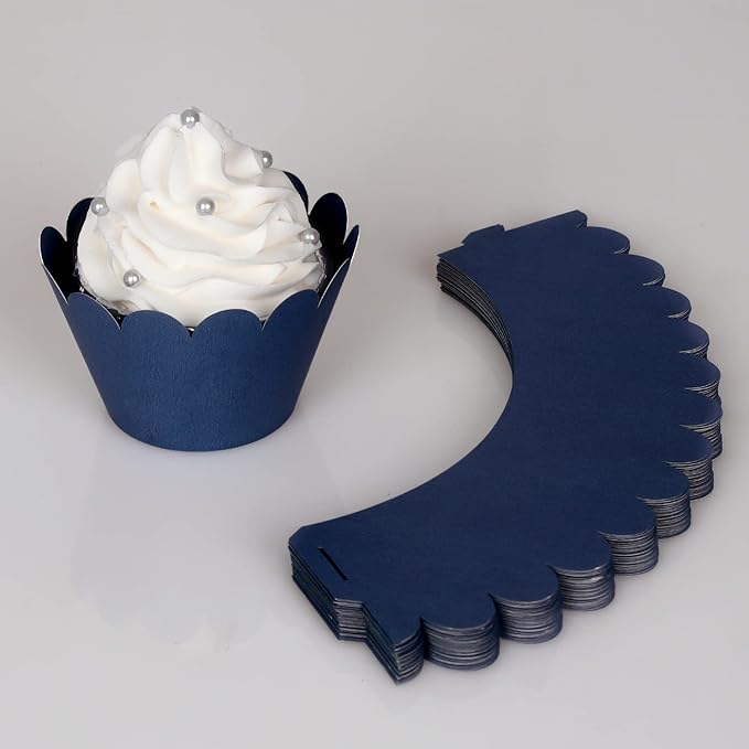 KPOSIYA Set of 100 Artistic Bake Cake Cups Filigree Little Vine Lace Laser Cut Cupcake Wrapper Liner Baking Cup Muffin CaseTrays for Wedding Birthday Party Decoration-Best Kitchen Gift (Navy)