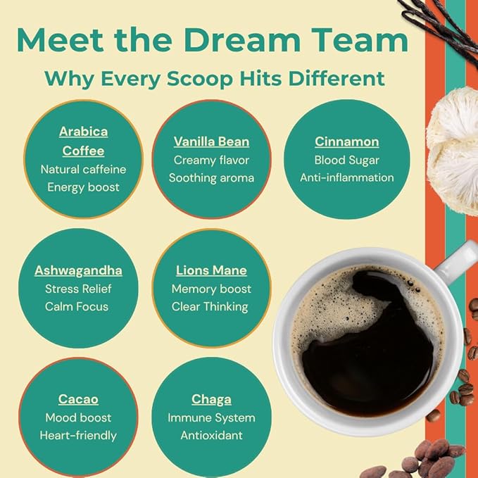 Shroovy Organic Mushroom Coffee | Lion's Mane and Chaga Mushroom | Instant Mushroom Coffee | Half-Caffeine | Mellow Mocha | 2,000mg of Mushroom - 30 Servings