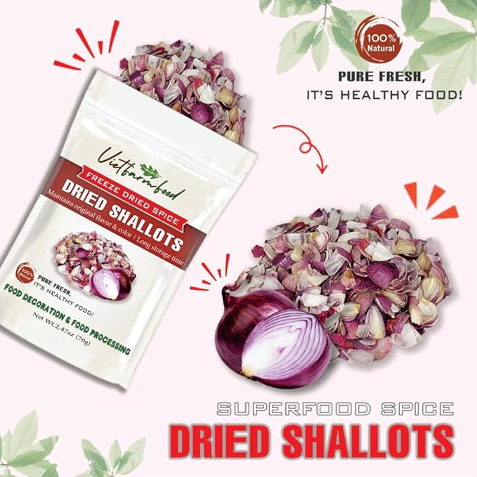 DRIED SHALLOTS (PURPLE ONION) 2.47 Oz (70g) VIETFARMFOOD: Pure, natural freeze-dried spice made from real vegetables - perfect for enhancing every meal, from cooking, baking, salads, soups, sauces