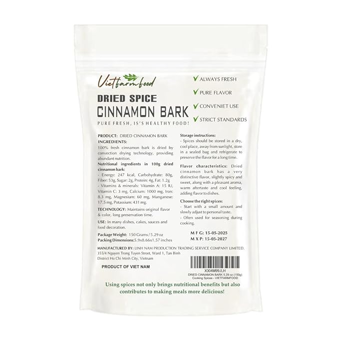 DRIED CINNAMON BARK 5.29 Oz (150g) VIETFARMFOOD: Natural pure, convection dried seasoning made from real vegetable, fruit - perfect for adding flavor to any meal, cooking, baking, salad, soup, sauce