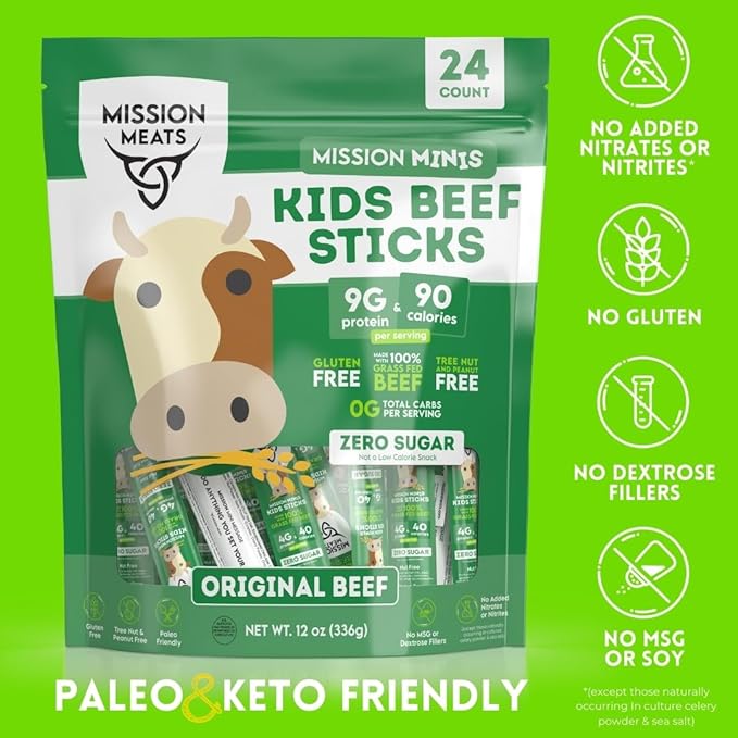 Mission Meats Kids Beef Sticks – 100% Grass Fed & Pasture Raised, Healthy Snacks for Kids and Toddlers, Sugar Free Protein, Gluten & Nut Free, Individually Wrapped, Mini 0.5oz (24ct Bag)