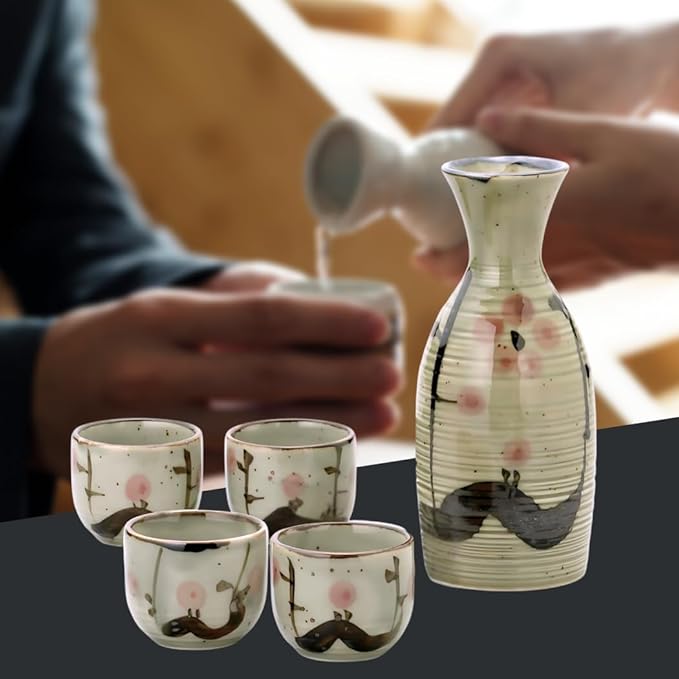 JapanBargain 4977, Japanese Plum Porcelain Sake Set Sake Carafe Bottle Sake Cups for Serving Hot Sake and Cold Sake, Made in Japan, Green, 8.5 oz
