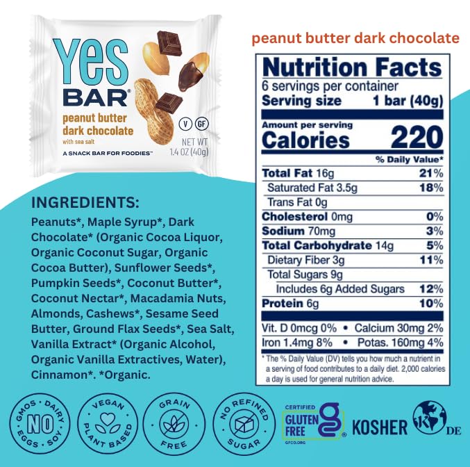 The YES Bar ??Peanut Butter Dark Chocolate ??Plant Based Protein, Decadent Snack Bar ??Vegan, Paleo, Gluten Free, Dairy Free, Low Sugar, Healthy Snack, Breakfast, Low Carb, Keto Friendly (24 Count)