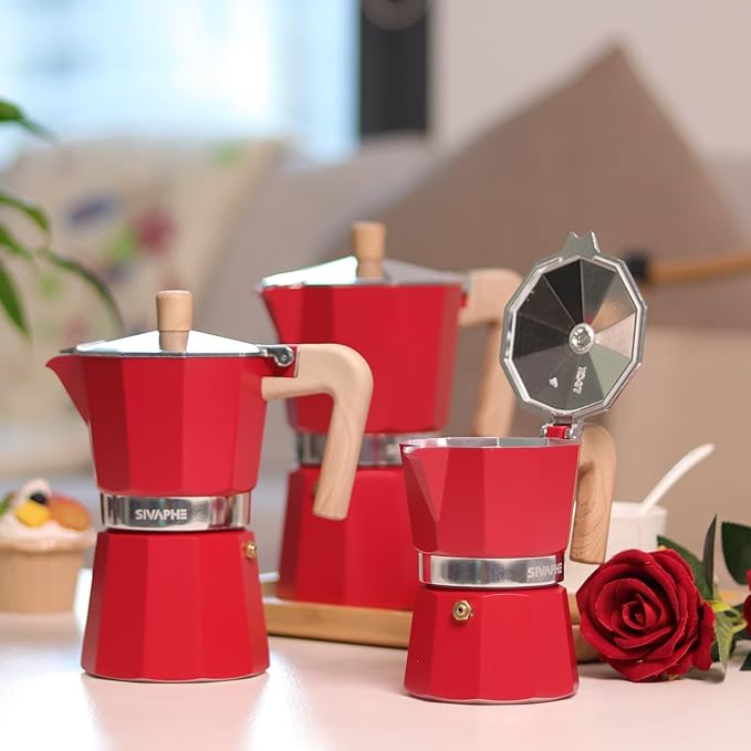 Sivaphe Aluminum Moka Pot 3 Espresso Cups, Percolator Espresso and Coffee Maker, Portable Stovetop Italian and Cuban Cafì±?Brewer for Home and Camping Red