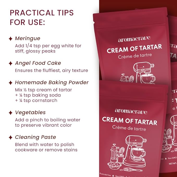 AROMACRAVE Cream of Tartar Powder, High-Purity Potassium Bitartrate for Baking & Cooking, Stabilizes Egg Whites, Prevents Sugar Crystallization, Leavening Agent for Fluffy Baked Goods (4 Ounce (Pack of 1))