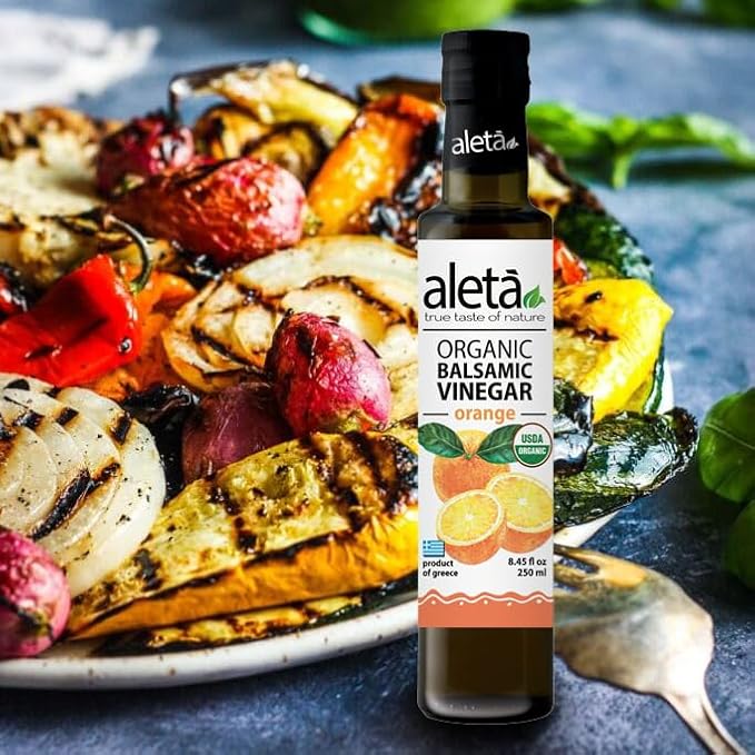 Aleta Farms Balsamic Vinegar, Greek Organic Orange Infused Aged Balsamic Vinegar, USDA Organic, Perfect for Salad Dressings, Pasta, Desserts & Cocktails, Glass Bottle, 8.45 fl oz (Orange)