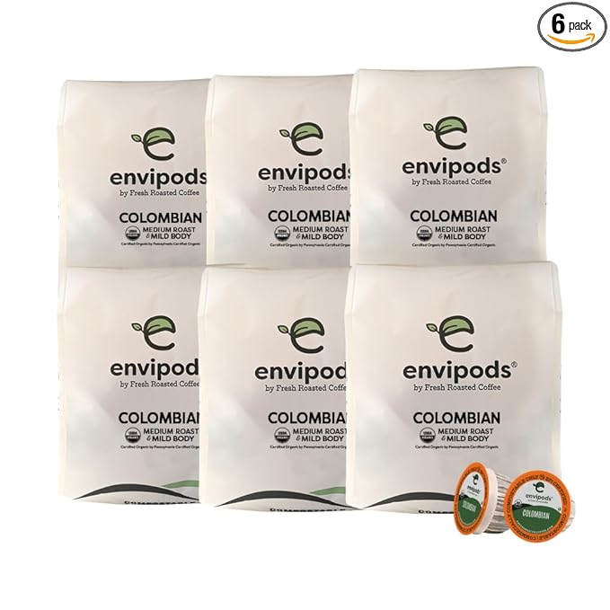 Fresh Roasted Coffee, Organic Colombian envipods | BPI Compostable, USDA Organic, Kosher | Med Roast 72 Count for K Cup Brewers | Not for use in Ninja or Hamilton Beach Brewers