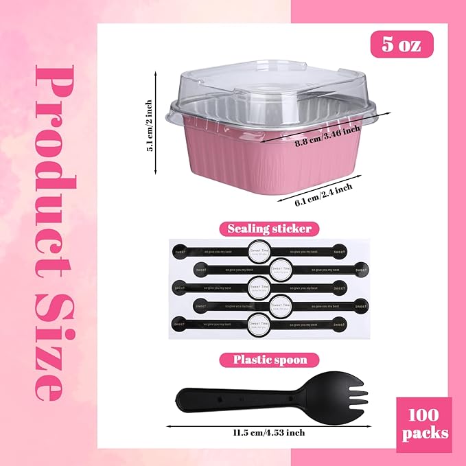 100Pack Mini Cake Pans with Lids And Spoons, 5oz Square Mini Loaf Pans with Lids, Disposable Cupcake Ramekins Small Cake Pans Aluminum Cups with Lid, Foil Baking Cups Dessert Containers for Party Pink
