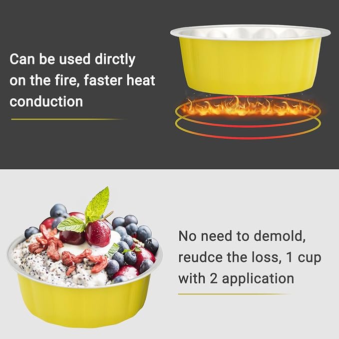 Beasea Aluminum Cups for Baking, 8oz 50 Pack Disposable Ramekins with Lids, Lemon Yellow Aluminum Foil Cups Creme Brulee Muffin Cupcake Baking Cup Mini Pudding Cups for Party Wedding Birthday