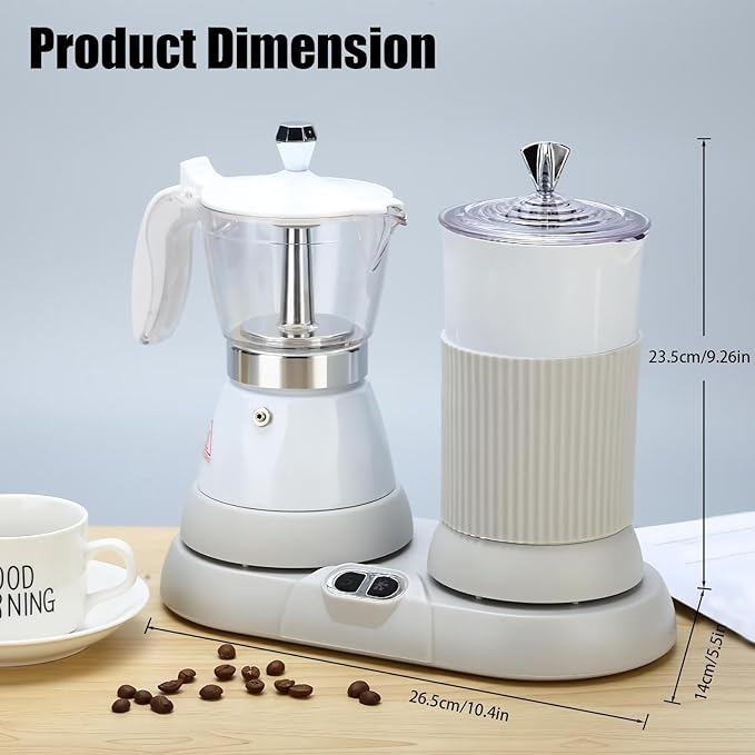 Espresso Maker with Milk Frother Electric Moka Pot 2-in-1 Espress Machine Aluminium One-Touch Operation Milk Froth Fine and Dense White 110V