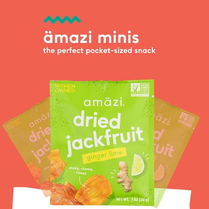 Am채zi Foods | Ginger Lime Dried Jackfruit (12 Pack) | All Natural Mini Travel Snacks | Gluten Free Healthy Dried Fruit Snacks