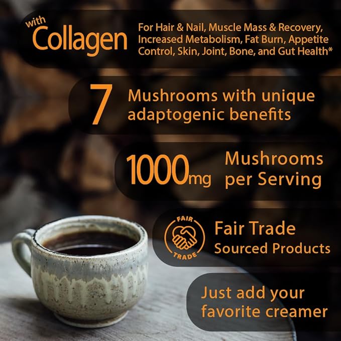 Immunity Boost Organic mushroom Instant Coffee - 10 x 9g Packets - Healthy Coffee alternative and Substitute - With Chaga, Collagen, Lions Mane and Antioxidant