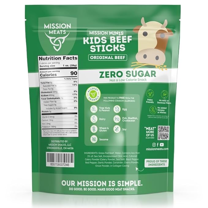Mission Meats Kids Beef Sticks – 100% Grass Fed & Pasture Raised, Healthy Snacks for Kids and Toddlers, Sugar Free Protein, Gluten & Nut Free, Individually Wrapped, Mini 0.5oz (24ct Bag)