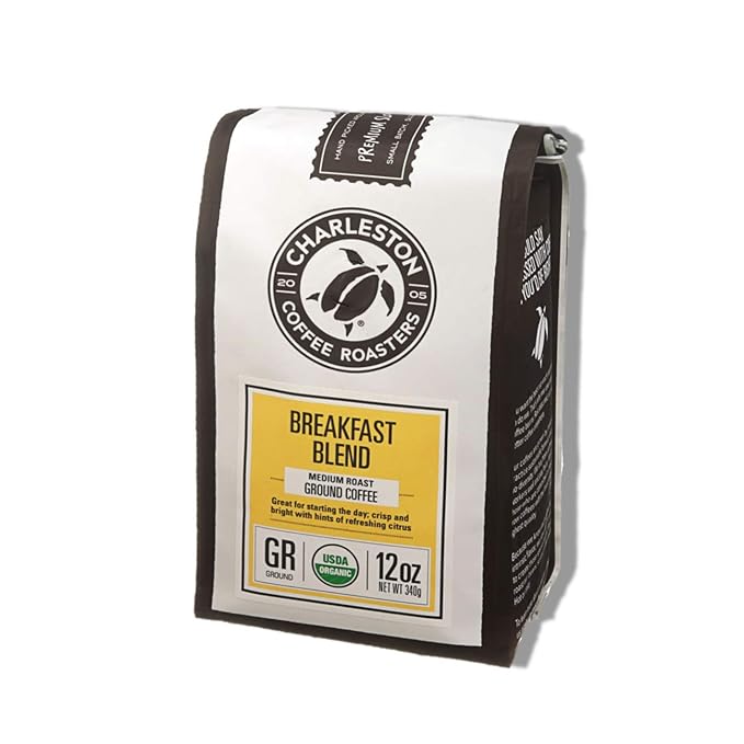 Charleston Coffee Roasters | Specialty Organic Ground Coffee | Hand Picked, Premium Slow Roast (Breakfast Blend, Medium Roast) 12oz, 6 pack