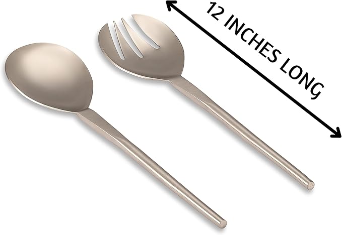 Folkulture Stainless Steel Kitchen Salad Servers or Salad Serving Utensils for Cooking, 12 Inch Salad Tongs, Serving Spoon and Fork Set for Salad, Gravies or Pasta, Silver Finish