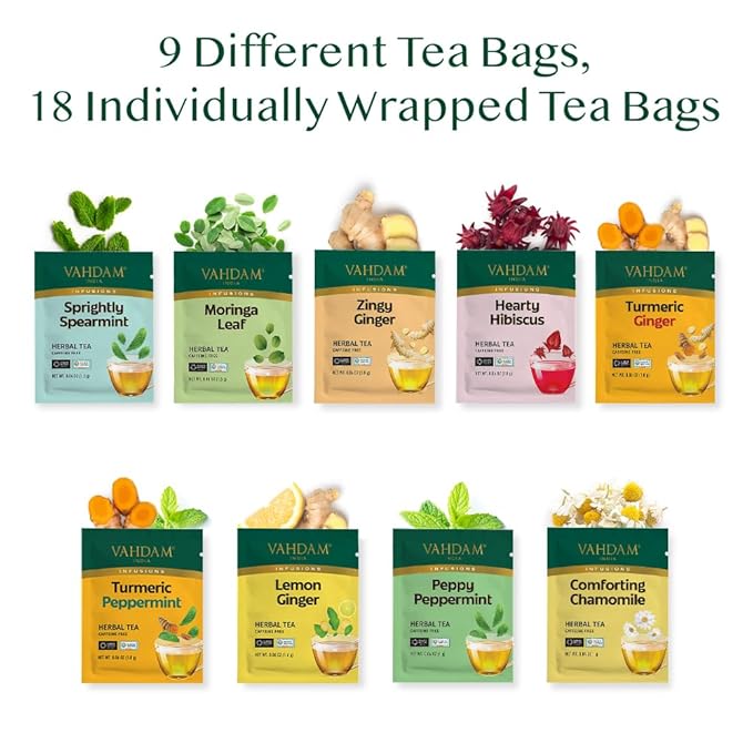 VAHDAM, Assorted Herbal Tea Sampler (18 Tea Bags, 9 Flavors) Caffeine-Free, Non-GMO | Double Infusion, Individually Enveloped Tea Bags | Herbal Tea Assortment