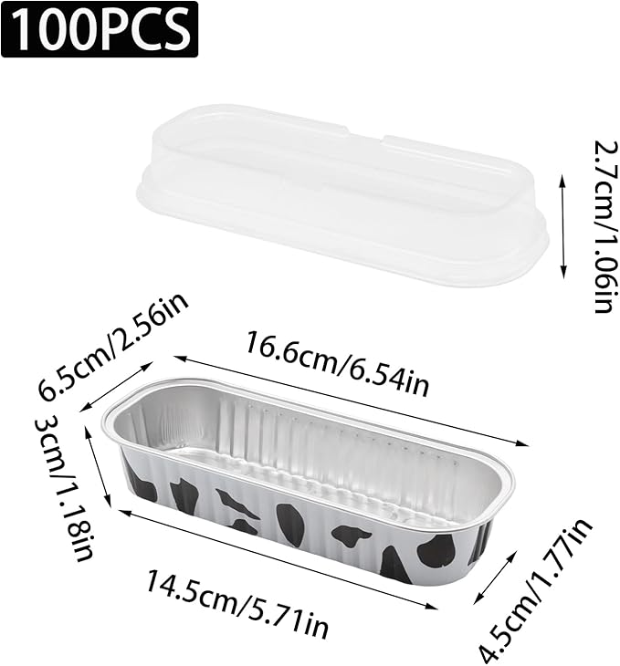 100 Pack 6.8oz Aluminum Cake Pans with Lids Rectangle Mini Loaf Pans Baking Cups Disposable Cupcake Baking Tins with 100 Pcs Plastic Spoons, Cow Print