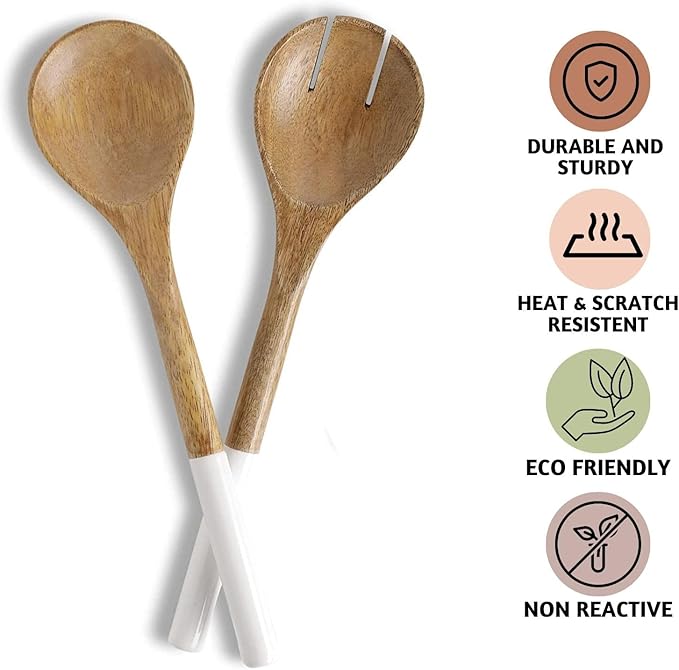 Folkulture Salad Servers or Salad Tongs, Wooden Utensils for Serving Salad, 12-inch Spoon and Fork Set, Mango Wood, White