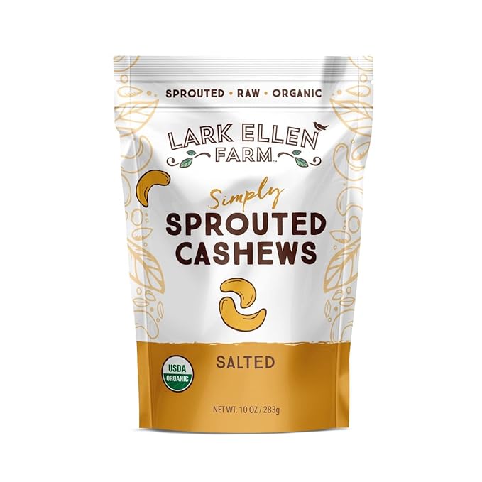 Lark Ellen Farm Sprouted Organic Certifed Cashews Unsalted - 10 oz Bag, Non GMO, Keto Snacks, Paleo, Gluten Free, Vegan, Organic, Plant Based, High Protein, Low Glycemic Index, Peanut Free Facility??,<div>