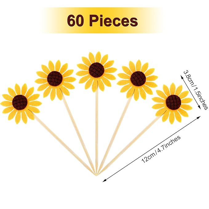 60 Pieces Sunflower Cupcake Toppers Yellow Flower Cake Picks Sunflower Toothpicks Summer Food Picks for Wedding Party Supplies Birthday Cake Decorations