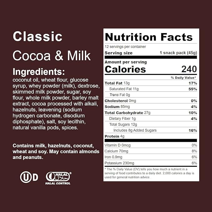 Loacker Classic Cocoa & Milk Wafers - Premium Crispy Cocoa Wafer Cookies with Milk Cream Filling - Multipack of 12 Snack Packs - NON-GMO - 45g/1.59oz, Pack of 12