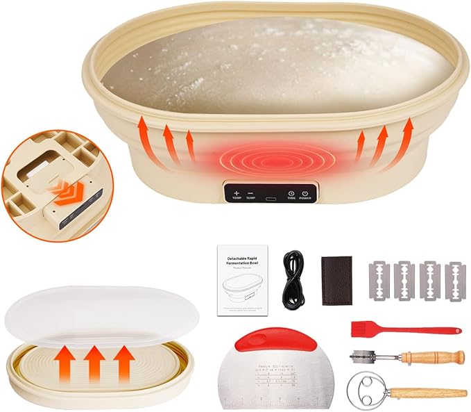4L Heating Bread Proofing Basket Set Foldable Thermostatic Silicone Bowl with 77-122??6 Gears Temperature & 6H Timer, for Artisan Baking Sourdough Starter Bread Making Supplies Tools Kit