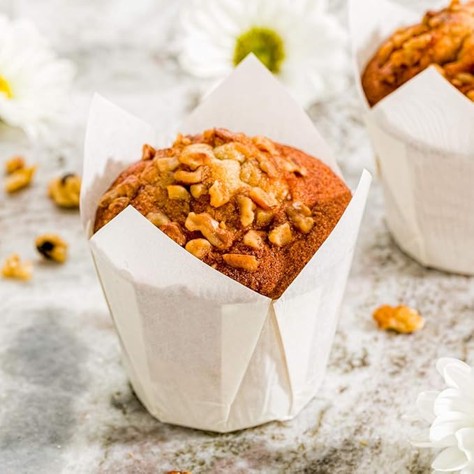 Restaurantware Panificio Premium 4 oz White Paper Tulip Baking Cup: Paper Baking Cups Perfect for Muffins Cupcakes or Mini Snacks - Greaseproof - Disposable and Recyclable - 200ct Box