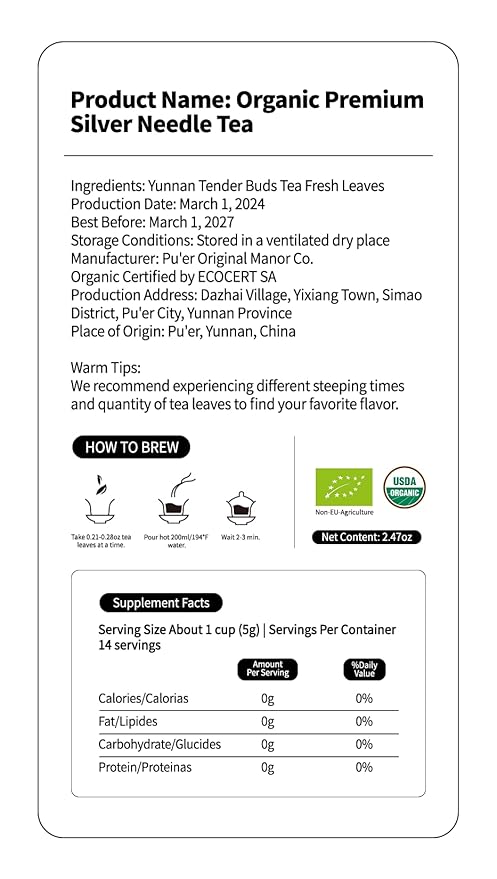 KHS Organic Silver Needle White Tea Grade AAA, 2.47 OZ USDA Certified Chinese Yunnan White Tea Loose Leaf, No Dust Production Workshop, Natural Organic Planting Loose Leaf Tea Perfect for Hot Brew