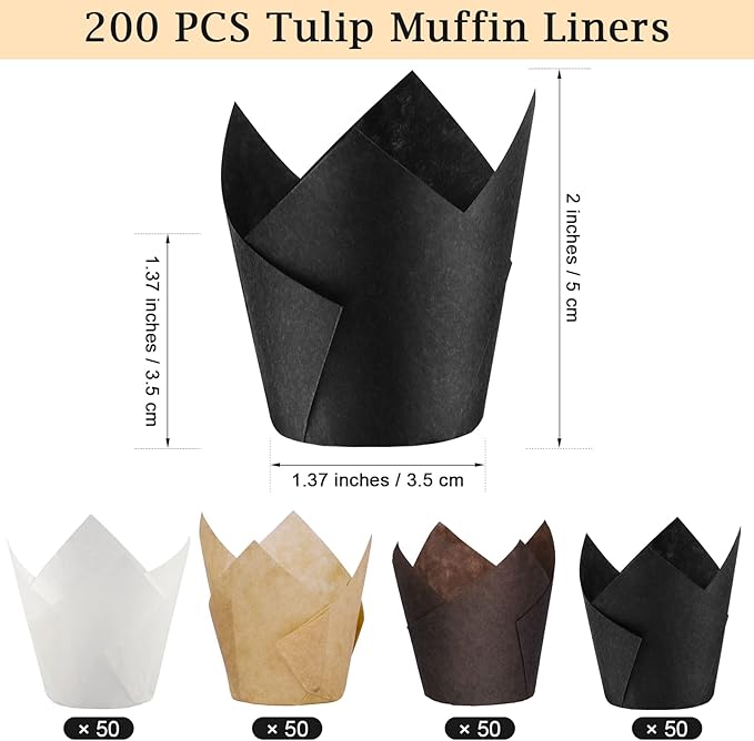 Ruisita 200 Pieces Mini Tulip Cupcake Liners, Tulip Baking Cups, Greaseproof Cupcake Muffin Liners, Muffin Cases Wrappers for Wedding Birthday Party Baby Shower, Brown, White, Natural, Black