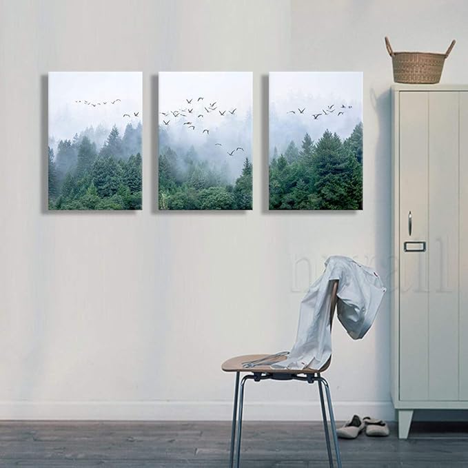 Canvas art Green forest art Nordic home Decoration Forest landscape Natural art Canvas print poster Bedroom bathroom mural 30cmx40cm x3 panel Frame canvas Wall art for modern living room Decoration