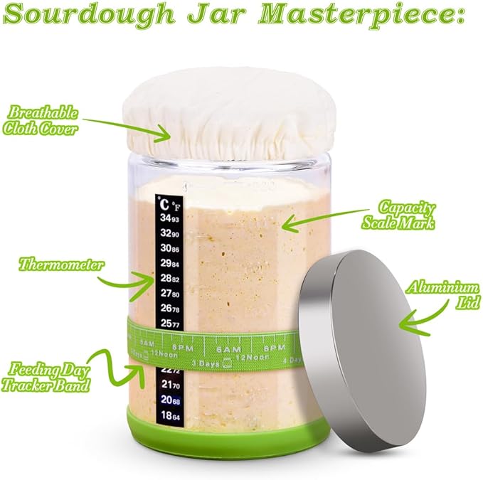 40oz Large Sourdough Starter Jar Glass Kit Wide Mouth with Black Silicone Spatula, Aluminum Lid, Cloth Cover, Date Marked Band, Thermometer (Transparent)