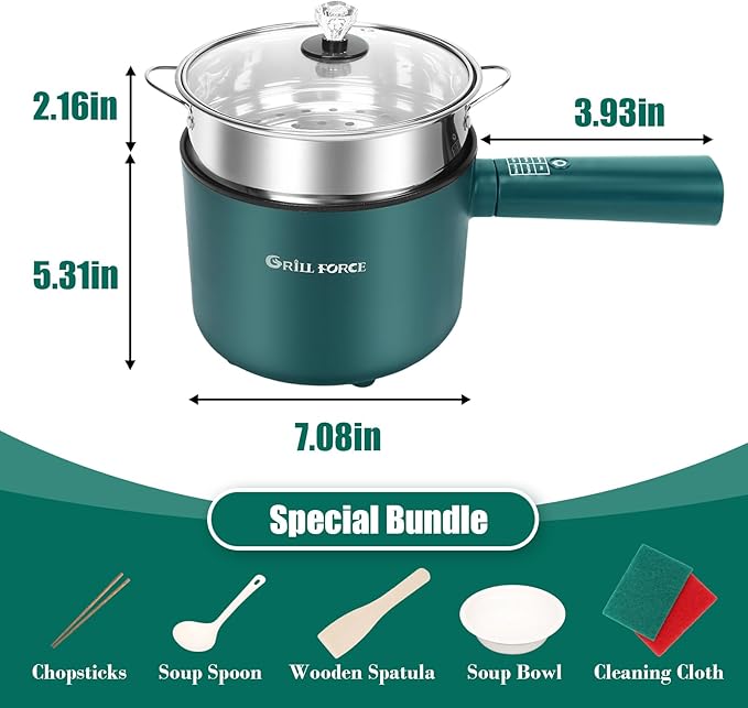 Hot Pot Electric with Steamer,6 Smart Modes, 1.8L Ramen Cooker, Portable Cooker, Non-Stick Frying Pan, Saut챕 Pan, Electric Pot for Pasta, Egg, Steak, BPA Free, College Dorm Room Essential
