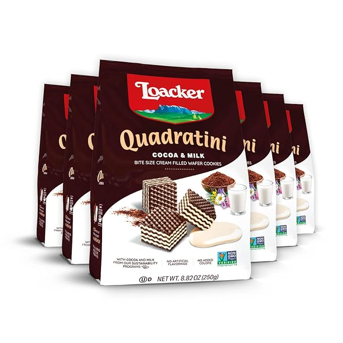 Loacker Quadratini Cocoa & Milk Wafer Cookies LARGE - 30% Less Sugar - Premium Crispy Bite Size Cocoa Wafers - NON-GMO - LARGE Pack of 6