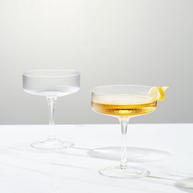 Khen Ribbed Vintage Art Deco Coupe Glasses - Martini, Champagne & Cocktail Ribbed Glasses 12oz | Cute Crystal Glassware Sets - Goblet Stemmed Ripple Glassware, Housewarming Glass Gifts, Clear 2 Piece