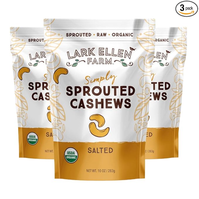 Lark Ellen Farm Sprouted Salted Cashews - Non GMO, Healthy Keto Snacks, Paleo, Gluten Free, Vegan, Certified Organic Nut, Sugar Free, High Protein, Kosher, Low Glycemic, 10 oz - 3 pack