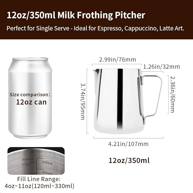 watchget Milk Frothing Pitcher 350ml/600ml/900ml/1500ml (12oz/20oz/32oz/52oz) - Stainless Steel Espresso Steaming Pitcher for Cappuccino, Latte Art, Milk Jug Coffee Frother Cup, Silver