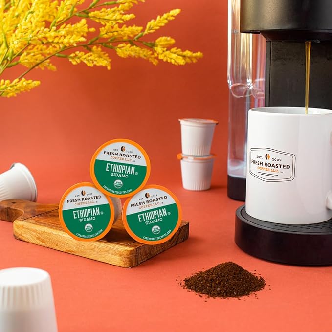 Fresh Roasted Coffee, Organic Ethiopian Sidamo | Fair Trade, USDA Organic, 100% Single Origin, Kosher | Light Roast 24 Pods for K Cup Brewers