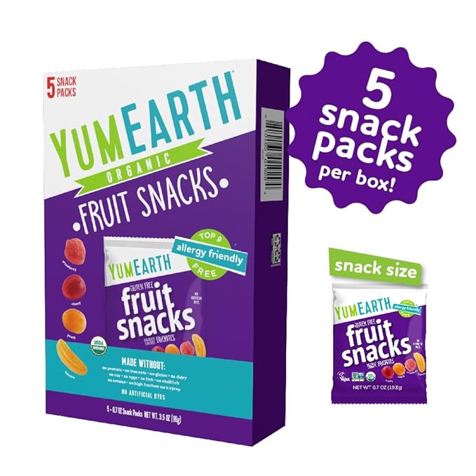 YumEarth Organic Assorted Flavor Fruit Snacks - Allergy Friendly (Top 9 Free), No Artificial Dyes or Flavors, Non GMO, Gluten Free, Vegan Candy Snacks - 0.7 Ounce (Pack of 5)