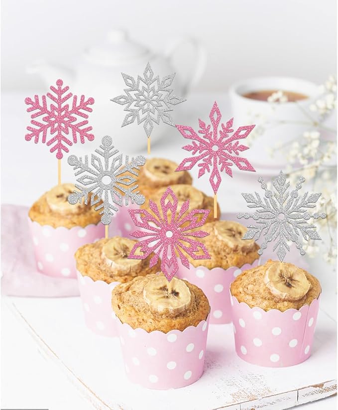 24PCS Glitter Snowflake Cupcake Toppers for Snowflake Decorations, Frozen Snowflake Cake Topper, Christmas Snowflake Cake Picks for Winter Decorations (Pink)