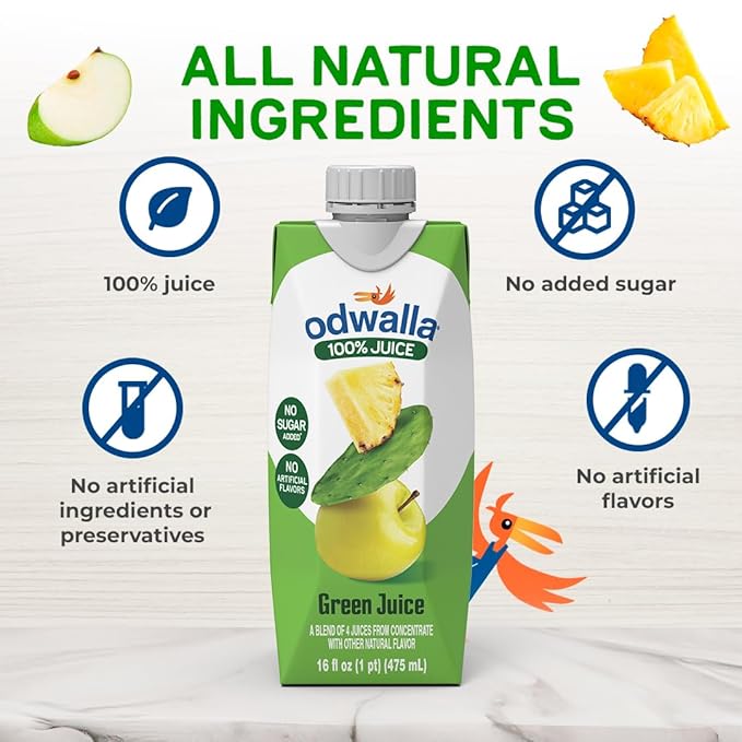 Odwalla Green Juice ??Green Drink with Nopal Cactus, Apple, Orange & Pineapple ??Natural Ingredients, No Added Sugar, No Preservatives, No Artificial Flavors - 16 oz (12 Pack)